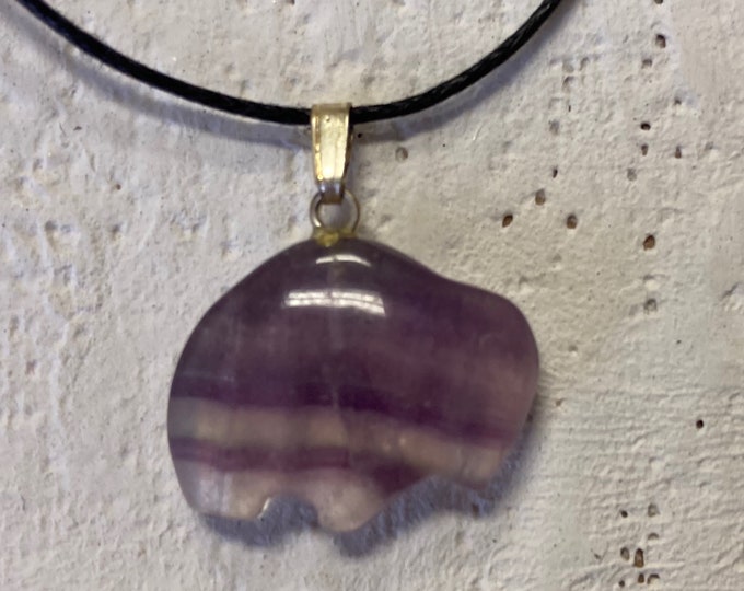 Purple Fluorite Buffalo Shaped Carved Gemstone Pendant, Tumble Polished Stone Necklace on Adjustable Cord, Natural Stone Jewelry