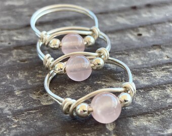 Rose Quartz Gemstone Wire Wrapped Ring in .925 Sterling Silver, Pink Quartz and Sterling Silver Ring