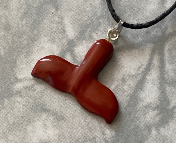 Red Jasper Whale/Dolphin Tail Carved Gemstone Pendant, Tumble Polished Stone Necklace on Adjustable Cord, Natural Stone Jewelry