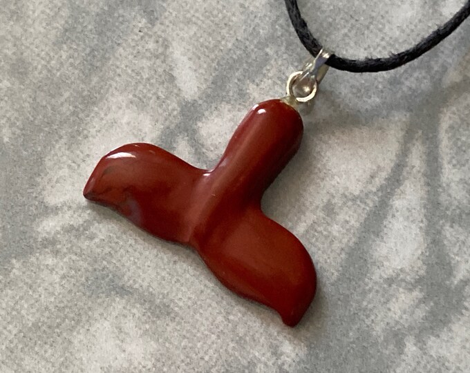Red Jasper Whale/Dolphin Tail Carved Gemstone Pendant, Tumble Polished Stone Necklace on Adjustable Cord, Natural Stone Jewelry