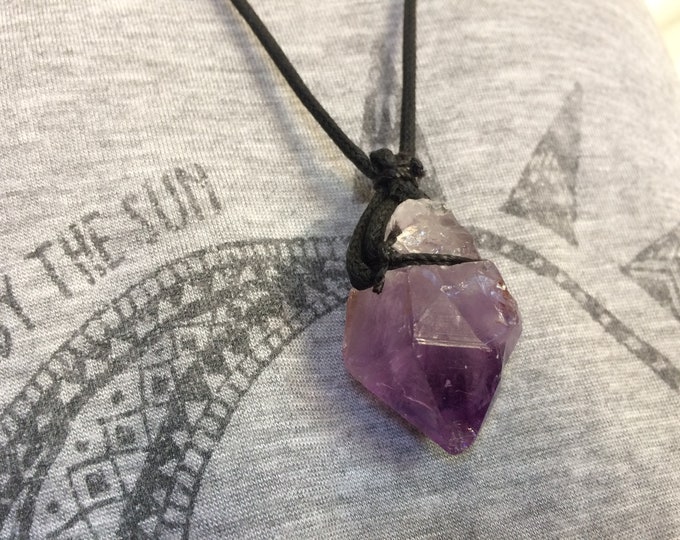 Amethyst Point Crystal Necklace, Dark Purple Amethyst Pendant Stone Natural Crystal Point Necklace on Black Cord, Natural Stone Jewelry