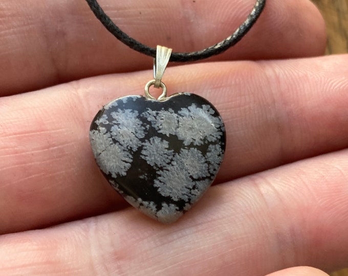 Snowflake Obsidian Heart Necklace, Natural Gemstone Pendant, Black Obsidian Crystal Necklace Jewelry Heart Charm