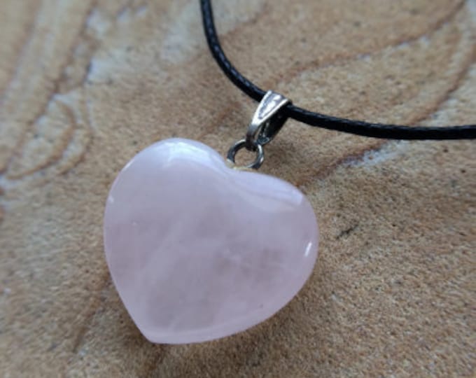 Pink Rose Quartz Heart Shaped Carved Gemstone Pendant, Rose Quartz Heart Natural Stone Necklace on Adjustable Cord, Pink Stone Heart Jewelry