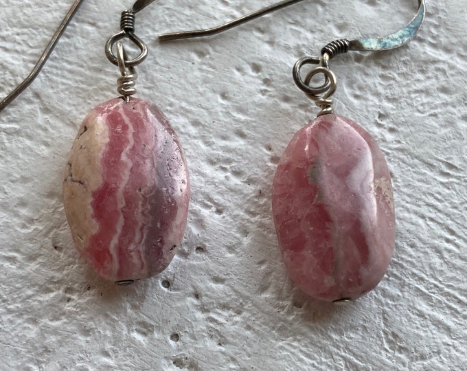 Handcrafted Rhodochrosite .925 Sterling Silver French Hook Earrings, Oval Shape Beads, Dangle Earring, Handmade Jewelry