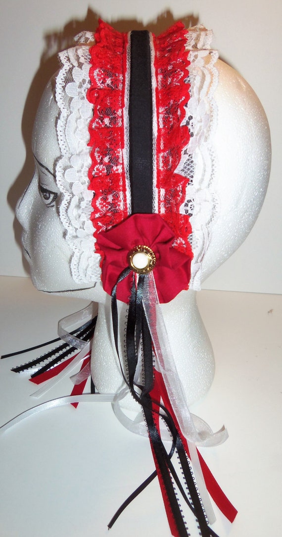 Lolita Maid Lace Headband in Black White and Red With Ribbons | Etsy