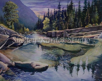 Watercolor, "Glacier Ripples", giclee print of my original watercolor painting, landscape, sunset, river, Glacier National Park