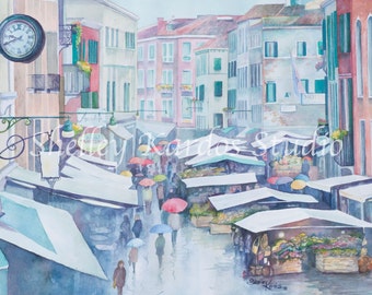 Watercolor "Venice Market Day" giclee reproduction depicting umbrella toting shoppers on a rainy day at the market in Venice, Italy