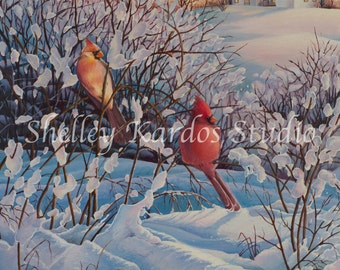 Oil painting "Grandma's Homestead" is a giclee print of my original oil painting of cardinals in a snowy winter landscape