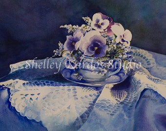 Watercolor, "Teacup Full of Spring", giclee reproduction of my original painting of pansies, tea cup, lace, still life, flowers, in blue