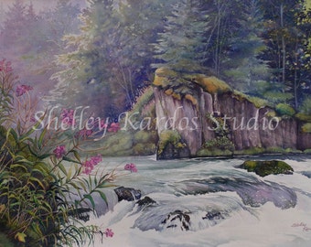 Watercolor, "Fireweed on the Russian River", Giclee print of original watercolor painting by Shelley Kardos, Alaskan landscape