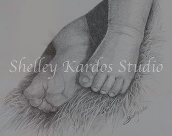 Beautiful Feet, fine art giclee print of original pencil drawing by Shelley Kardos, 9x12 black and white, baby feet