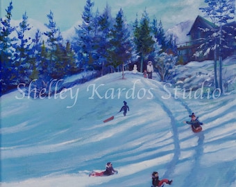 Oil Painting, "Sledding in Canada", giclee reproduction of original oil painting by Shelley Kardos, gallery wrapped canvas, blue, red