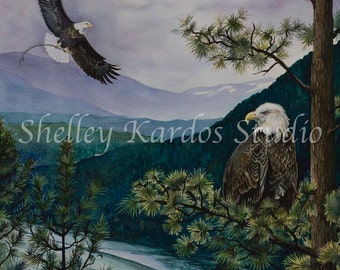 Watercolor "Bald Eagles over the Pend Oreille River", print of original painting by Shelley Kardos, blue, green, purple, landscape