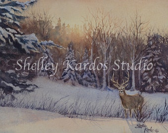 Watercolor, "Deer Valley Sunset", 7x9 giclee print of my original painting of whitetail buck, sunset, deer, snow, winter, landscape