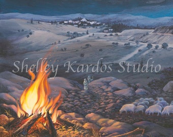 Oil Painting, "Shepherd's Fields of Bethlehem", giclee print of original oil painting by Shelley Kardos, fire, blue, orange, Christmas