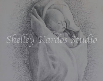 Drawing, "Mild He Lays His Glory By" giclee print of original pencil drawing by Shelley Kardos, black, white, fine art, Christmas