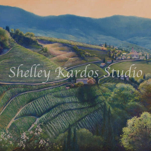 Oil painting "White Fields of Merano", giclee reproduction of my original oil painting of orchards in Alto Adige valley, Italy, landscape