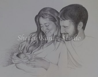 Drawing, "Love Multiplied" is a fine art quality giclee print of my original pencil drawing featuring proud parents of a newborn baby