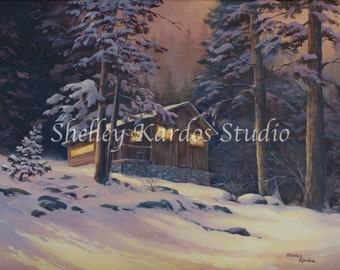 Oil Painting reproduction "Grandpa's Pine Lodge Cabin", giclee print of original painting by Shelley Kardos, cabin, mountains, snow,