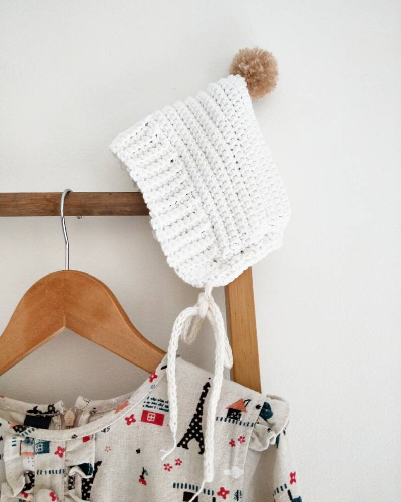 baby shower Crochet Pixie Bonnet in off white Organic Cotton Crochet Newborn Bonnet Newborn Photo Prop merino wool pom pom