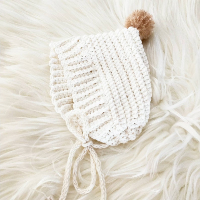 baby shower Crochet Pixie Bonnet in off white Organic Cotton Crochet Newborn Bonnet Newborn Photo Prop merino wool pom pom