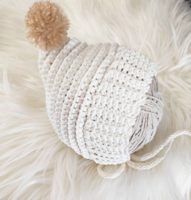 baby shower Crochet Pixie Bonnet in off white Organic Cotton Crochet Newborn Bonnet Newborn Photo Prop merino wool pom pom