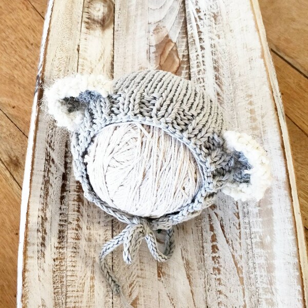 Knit Newborn koala  Bear Bonnet, Baby koala Animal Ears, Grey organic baby cotton Ears Baby Hat, Woodland Bonnet, Newborn Photo Prop.