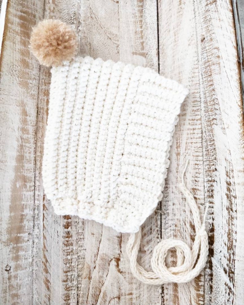 baby shower Crochet Pixie Bonnet in off white Organic Cotton Crochet Newborn Bonnet Newborn Photo Prop merino wool pom pom