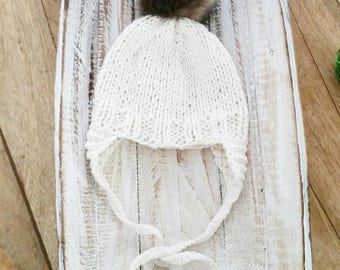 Knit Baby hat, baby cotton hat earflaps aviator, Knit Baby Cream Beanie in cotton or wool with faux fur pom pom, Newborn Photo Prop.
