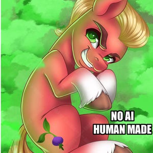 May include: A digital illustration of a light red pony with blonde hair, green eyes, and white hooves, featuring a small purple fruit symbol on its flank. The text NO AI HUMAN MADE is displayed in white capital letters against a green background.