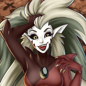 May include: Digital illustration of a character with pale skin, pointed ears, and long, flowing white hair. The character wears a red and brown outfit with a gemstone pendant. The character is smiling with sharp teeth.