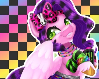 May include: A pink pony illustration with purple hair and a matching tail. The pony wears a leopard print bow, a purple skirt, and striped socks. It holds a Monster energy drink can and is adorned with colorful jewelry.
