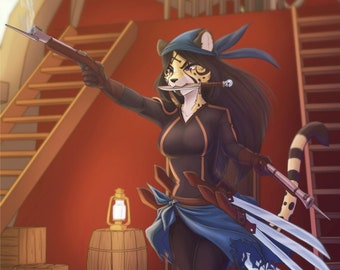 May include: Digital illustration of a feline pirate character on a ship deck, holding a smoking flintlock pistol. The character wears a black outfit with a blue sash and bandana, and has a sword. A wooden barrel and lantern are in the background.