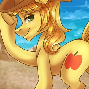 May include: Illustration of a yellow pony with a brown hat, green eyes, and a red apple symbol on its flank. The pony has a flowing golden mane and tail, set against a beach and blue sky backdrop.