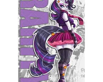 May include: Illustration of a pony-like character with a white face, purple and black hair, and a horn. The character wears a purple outfit with a pink skirt and black thigh-high socks. The word "RARITY" is displayed vertically in purple.