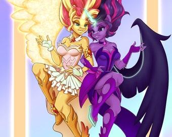 May include: Digital illustration of two female characters with unicorn horns and wings. One has yellow and orange hair and golden wings, the other has purple hair and black wings. They wear dresses in matching colors.