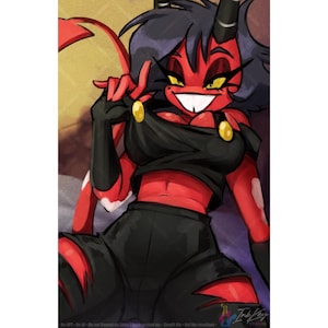 May include: Illustration of a red-skinned character with black hair, horns, and a tail. The character wears a black top with gold accents and black pants. The character is smiling and making a hand gesture.