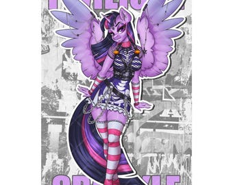 May include: Illustration of a purple pony with large wings, wearing a black and white outfit with pink and white striped stockings. The image has the words "TWILIGHT SPARKLE" in purple text.