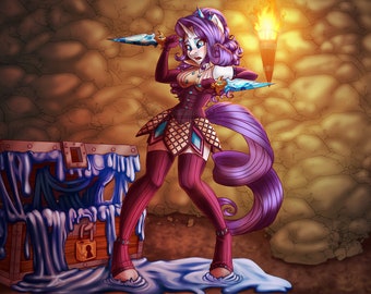 May include: An illustration of a purple-haired character holding two ice-like daggers in a cave setting. The character wears a dark purple outfit with a diamond pattern and matching leggings. A treasure chest with a lock is nearby.