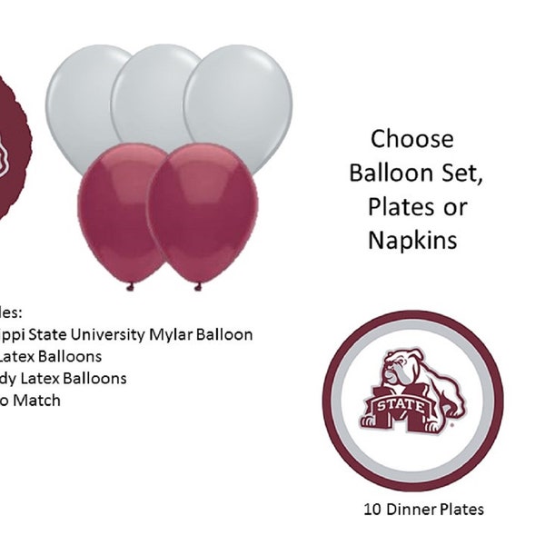 Mississippi State University Balloons, Bulldogs Balloons, Mississippi State University Napkins, Mississippi State Plates