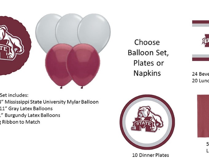 Mississippi State University Balloons, Bulldogs Balloons, Mississippi State University Napkins, Mississippi State Plates