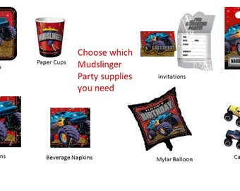 Mudslinger Monster Truck Plates Napkins Cups Invitations Balloon Loot Bags Cake Top