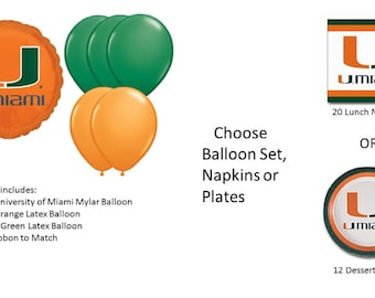 University of Miami Balloons, University of Miami Hurricanes Balloons, University of Miami Napkins, Miami Plates
