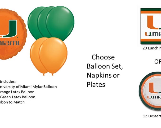 University of Miami Balloons, University of Miami Hurricanes Balloons, University of Miami Napkins, Miami Plates