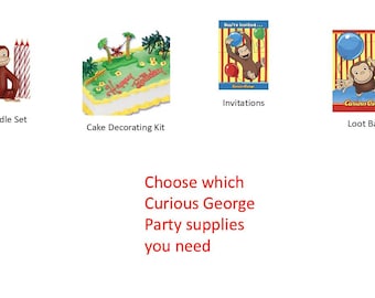 Curious George Rings Plates Napkins Cups Stickers Loot Bags Tablecover Cake Decorating Kit Invitations Gift Wrap