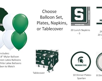 Michigan State University Balloons, MSU Balloons, Michigan State Tablecover, Michigan State University Napkins, Michigan State Plates