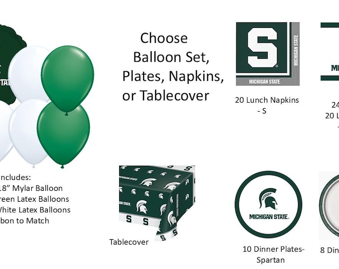 Michigan State University Balloons, MSU Balloons, Michigan State Tablecover, Michigan State University Napkins, Michigan State Plates