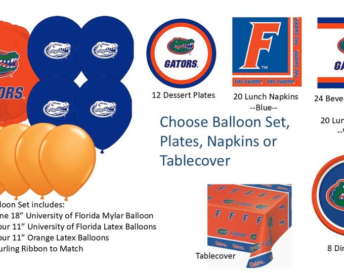 University of Florida Balloons, University of Florida Gators Balloons, University of Florida Napkins, Gators Balloons, Florida Plates
