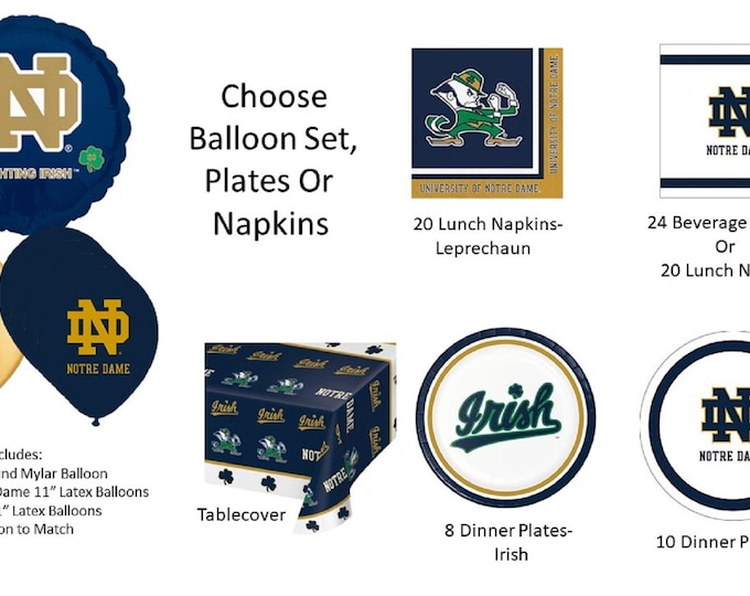 Notre Dame University Balloons, Notre Dame napkins, Notre Dame Plates, Notre Dame Tablecover