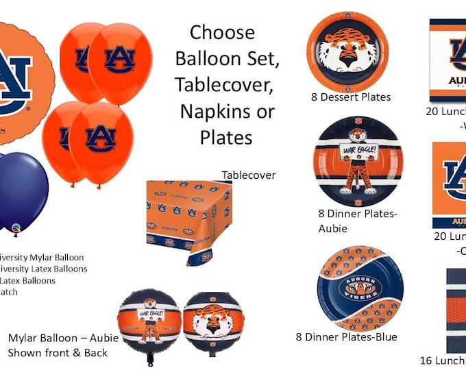 Auburn University Balloons, Auburn Tigers balloons, Auburn Napkins, Auburn University Napkins, Auburn Plates, Auburn Tablecover